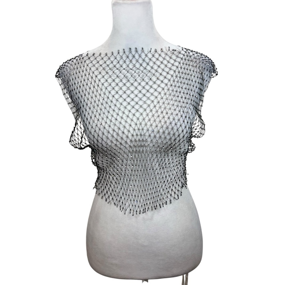 Black‎ and Clear Rhinestone Mesh Short Sleeve Top One Size